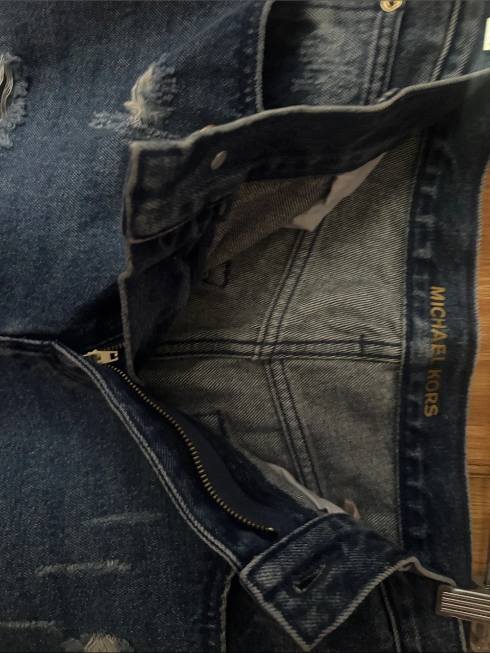 Michael Kors Distressed Straight-Leg Jeans in Dark Blue Wash